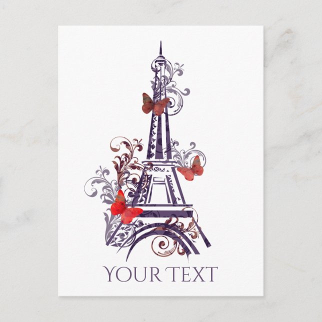 Lila Eiffel Torn Butterflies PostCard Vykort (Framsida)