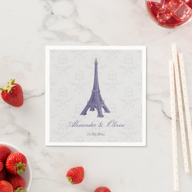Lila Eiffel Torn Damask Möhippa Napkins Pappersservett (Insitu)
