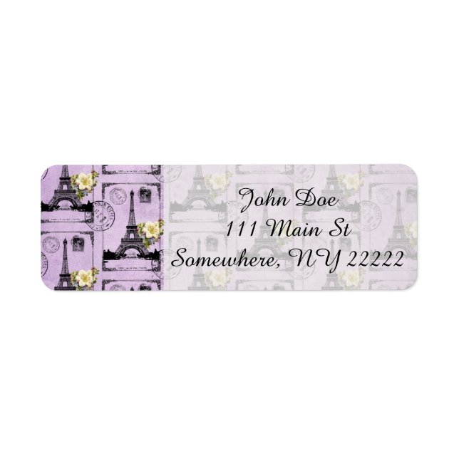 Lila Eiffel Torn Post Card Frimärke Returadress Etikett (Framsidan)
