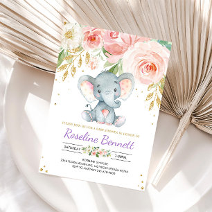Lila Elefant Blommig Baby Shower Inbjudan