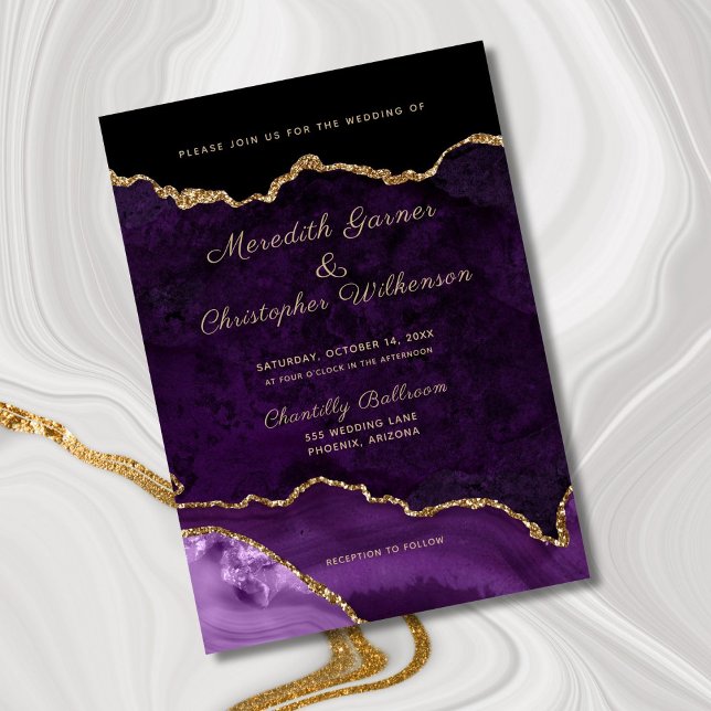 Lila Elegance Guld Glitter Agate Bröllop Inbjudningar (Skapare uppladdad)