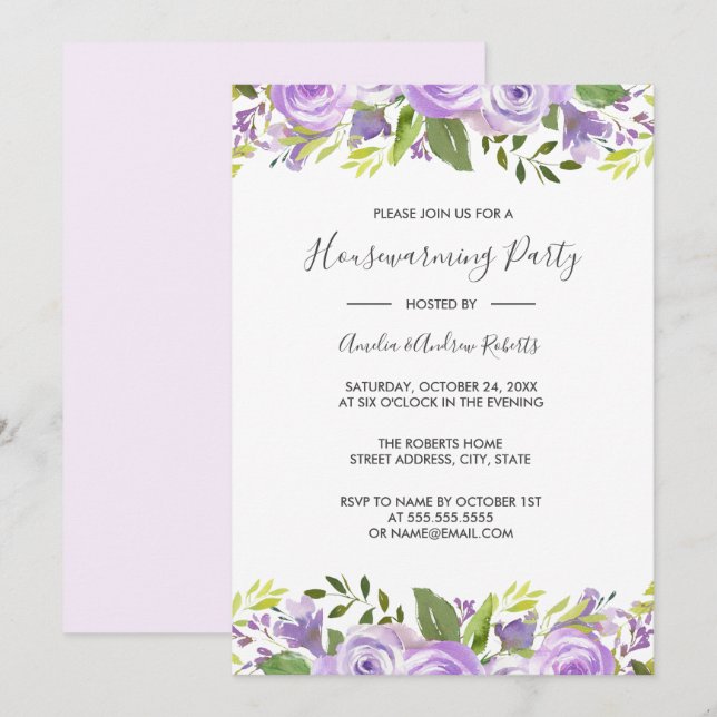 Lila Elegant Akvarell Blommig Inflyttningspresent Inbjudningar (Fram/baksida)