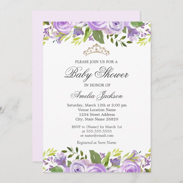 lila Elegant Blommigt för vattenfärg, babykläder f Inbjudningar (Fram/baksida)