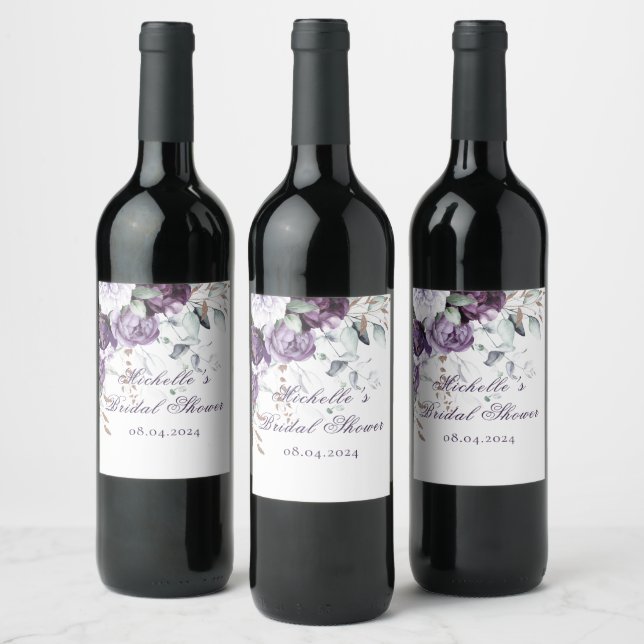 Lila elegant blomster vattenfärg bröllopsdusch vinflaska etikett (Flaskor)