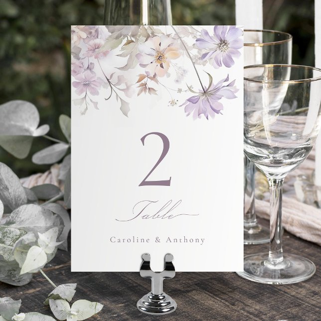 Lila Elegant Botanisk Blommig Boho Bröllop Bordsnummer (Purple Elegant Botanical Floral Boho Wedding Table Number)