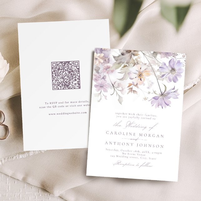 Lila Elegant Botanisk Blommig Boho Bröllop Inbjudningar (Purple Elegant Botanical Floral Boho Wedding Invitation)