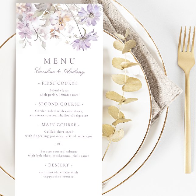 Lila Elegant Botanisk Blommig Boho Bröllop Meny (Purple Elegant Botanical Floral Boho Wedding Menu)