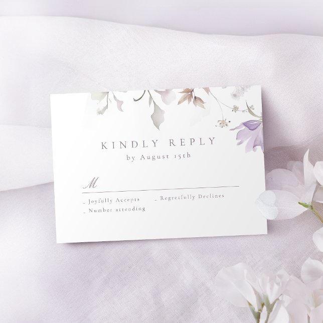Lila Elegant Botanisk Blommig Boho Bröllop OSA Kort (Purple Elegant Botanical Floral Boho Wedding RSVP Card)