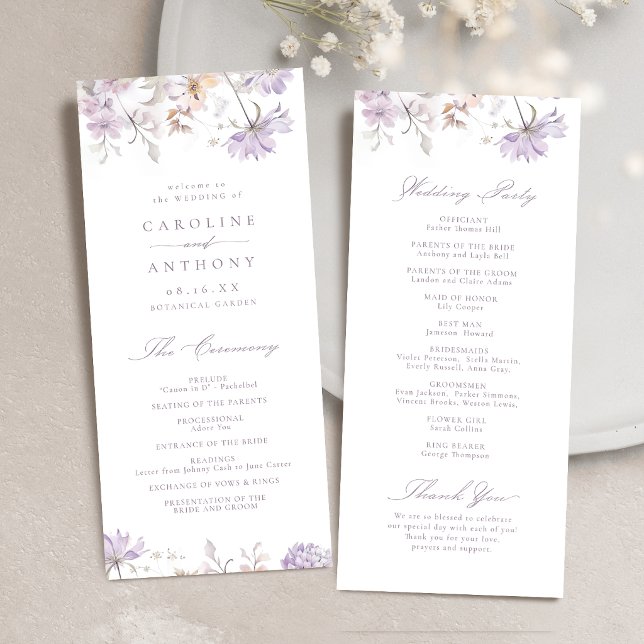 Lila Elegant Botanisk Blommig Boho Bröllop Program (Purple Elegant Botanical Floral Boho Wedding Program)