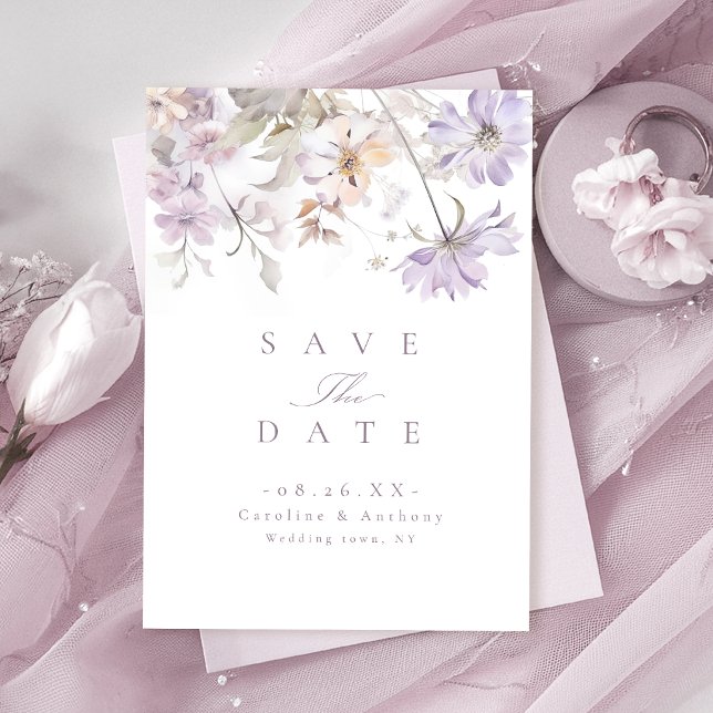 Lila Elegant Botanisk Blommig Boho Bröllop Spara Datumet (Purple Elegant Botanical Floral Boho Wedding Save The Date)