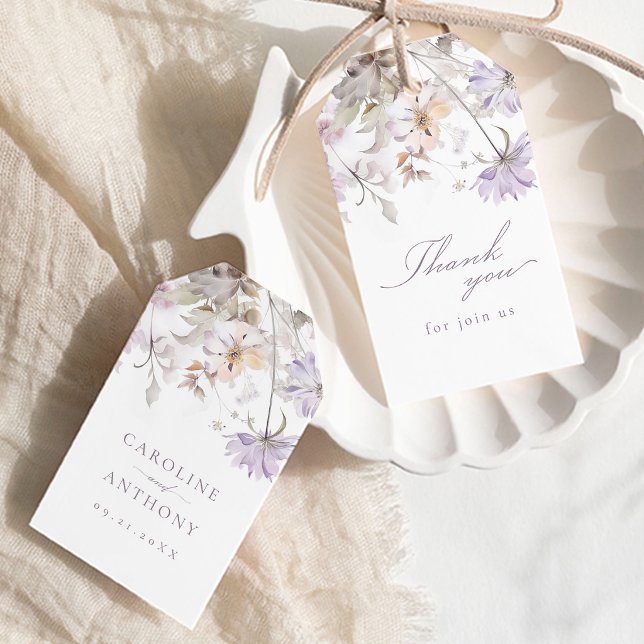Lila Elegant Botanisk Blommig Boho Bröllopspresent Presentetikett (Purple Elegant Botanical Floral Boho Wedding Favor Gift Tags)