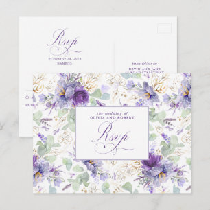 Lila elegant botanisk bröllop RSVP vykort