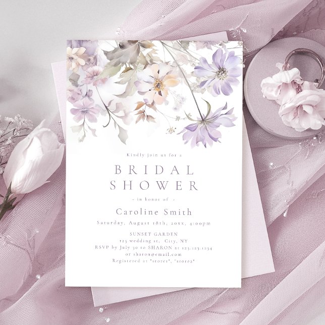 Lila elegant botanisk floral Boho bröllopsdusch Inbjudningar (Purple Elegant Botanical Floral Boho bridal shower Invitation)