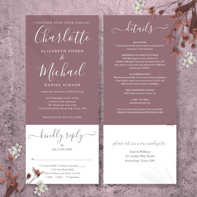 Lila elegant bröllop allt-i-ett inbjudningar (Mauve Elegant Script All In One Wedding Invitation)