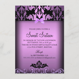 Lila Elegant Damask Sweet sixteen Party Inbjudan