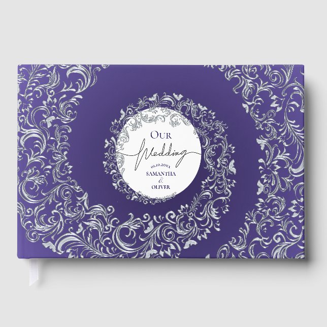 Lila Elegant Damask Wedding Gästböcker (Framsida)