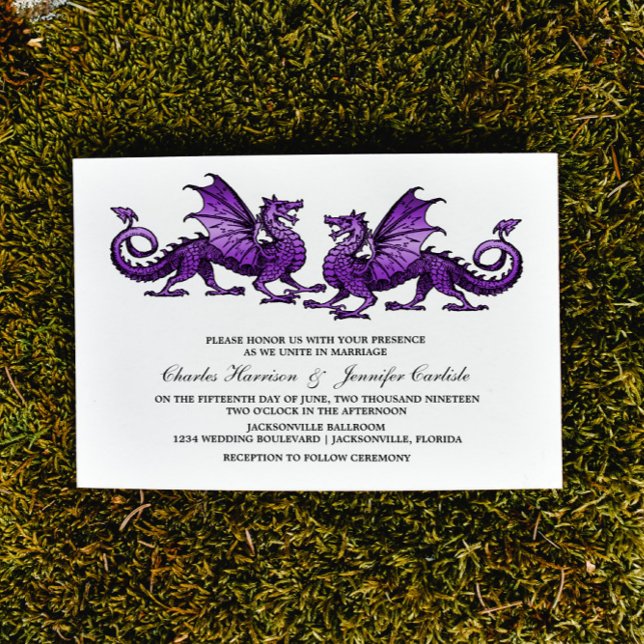 Lila Elegant Dragon Wedding bjudande in Inbjudningar (Purple Elegant Dragons Wedding Invite)