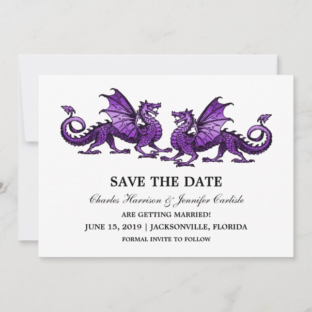 Lila Elegant Dragons Save Date Inbjudan (Framsida)