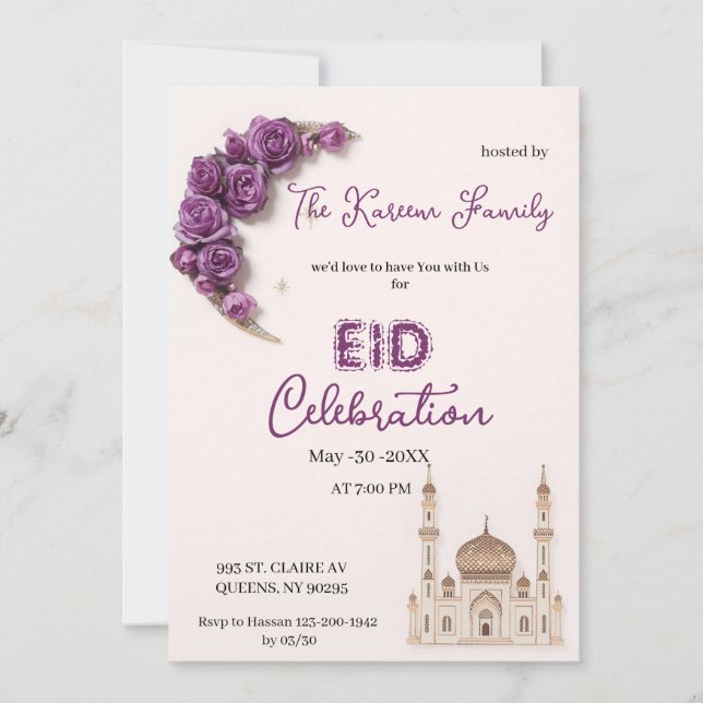 Lila Elegant Eid Firande  Fest Inbjudan (Framsida)