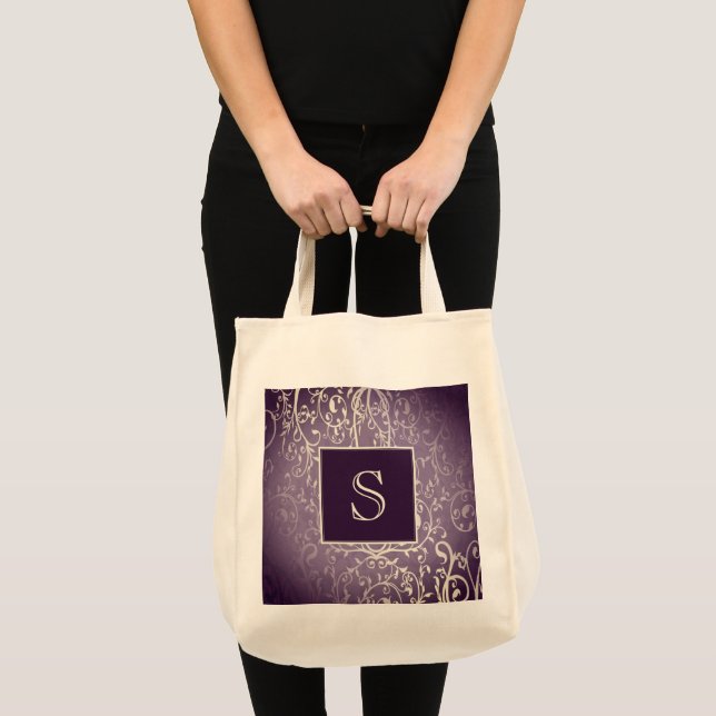 Lila Elegant Flourish Monogram Tote Bag Tygkasse (Framsida (produkt))