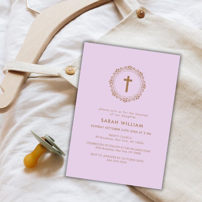 Lila Elegant Gammal utandningsutandning Kor Inbjudningar (Purple Elegant Classic Cross Wreath Baptism Invitation)