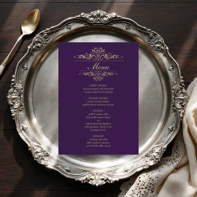 Lila elegant Golden ram bröllop-menyn Meny (Skapare uppladdad)