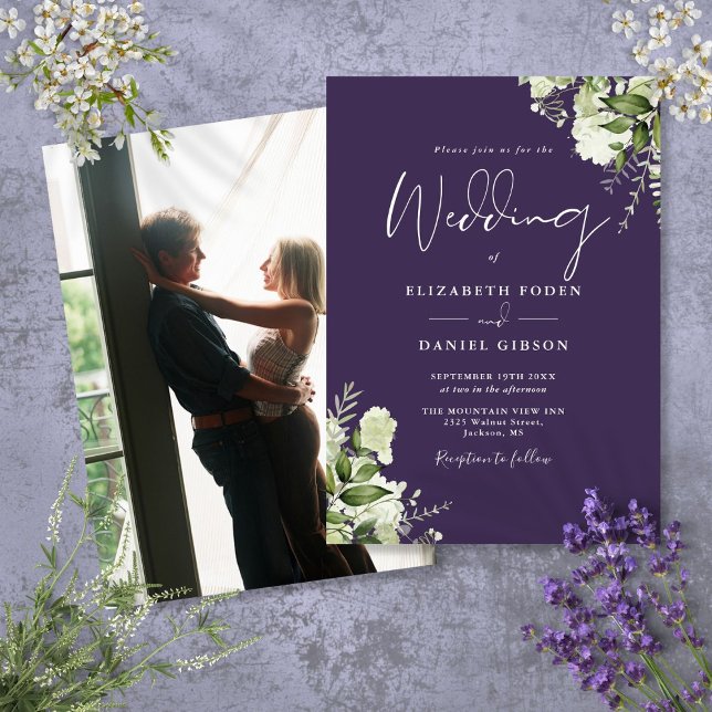 Lila Elegant Grönska Blad Foto Bröllop Inbjudningar (Purple Elegant Greenery Leaves Photo Wedding Invitation)