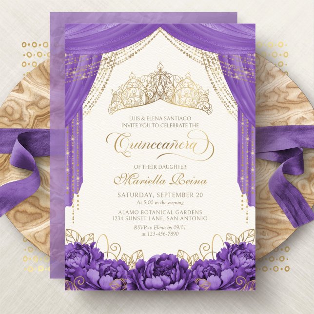Lila Elegant Krona Blommigt Quinceanera Inbjudningar (Skapare uppladdad)