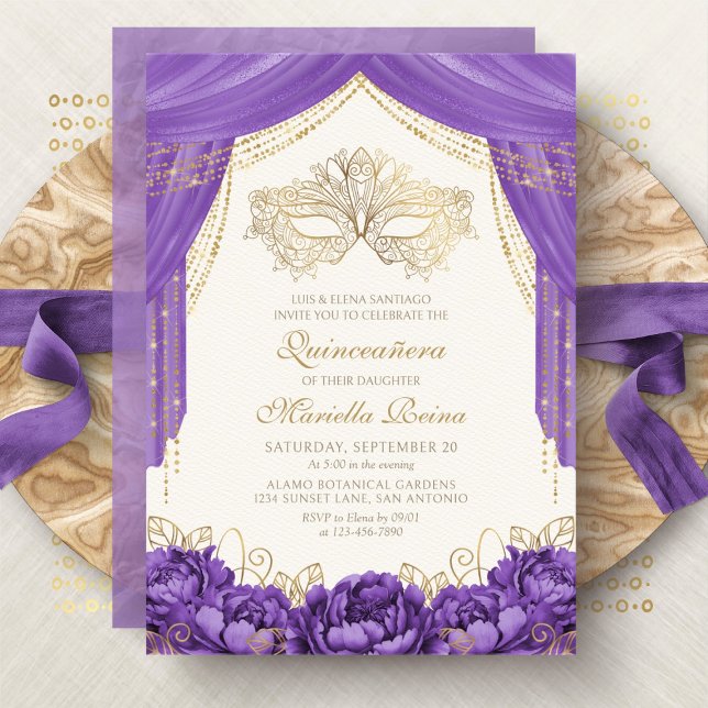 Lila Elegant Maskerad Quinceanera Inbjudningar (Skapare uppladdad)