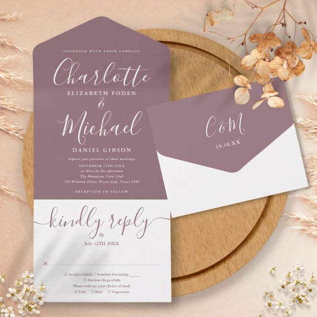 Lila Elegant Modernt Skript Minimalistisk Bröllop (Mauve Elegant Modern Script Minimalist Wedding All In One Invitation)
