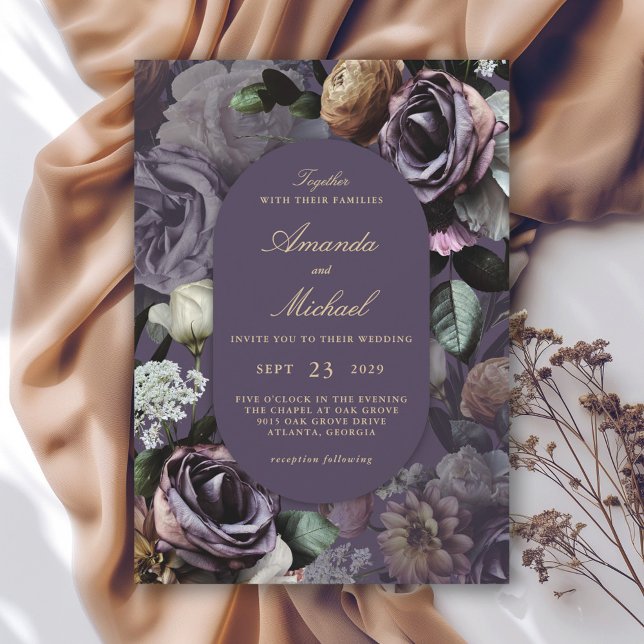 Lila Elegant Mörk Moody Blommigten Bröllop Inbjudningar (Available in both printed and instant download digital formats.)