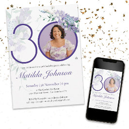 Lila Elegant Photo Blommigt 30års födelsedag Party Inbjudningar