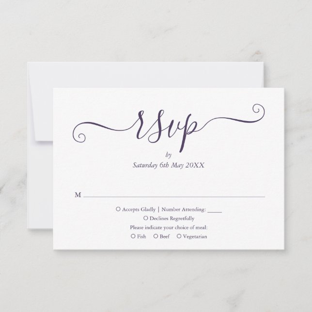 Lila elegant script bröllop OSA kort (Framsida)