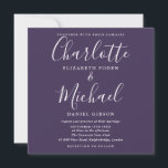 Lila Elegant Script Minimalist Bröllop Inbjudningar<br><div class="desc">Med elegant namnteckning stil namn kan den här snyggtens bröllopsinbjudan vara personlig med dina bröllop-detaljer i modern typografi på lila bakgrund. Du kan anpassa bakgrunden till färg för att matcha bröllop-temat. Designad av Thisisnotme©</div>