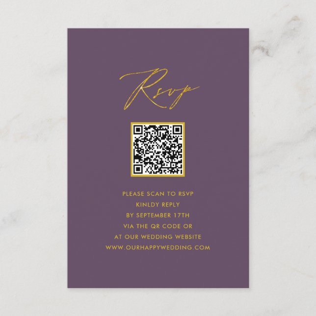 Lila elegant skript minimalistisk QR bröllopsanmäl Tilläggskort (Framsida)