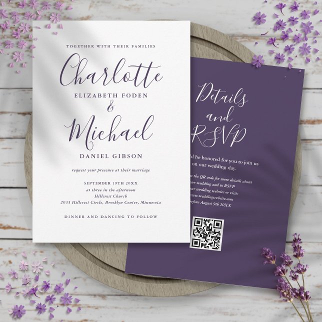 Lila Elegant-skript QR-kod Bröllop Inbjudningar (Purple Elegant Script QR Code Wedding Invitation)