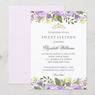 Lila Elegant Vattenfärg Blommig Sweet Sixteen Inbjudningar