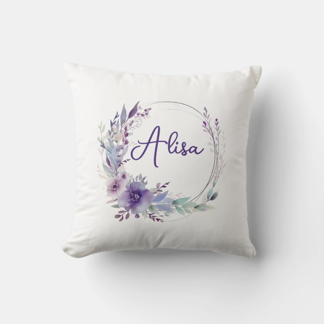 Lila Elegant WildblomBoho Watercolor Kudde (Framsida)