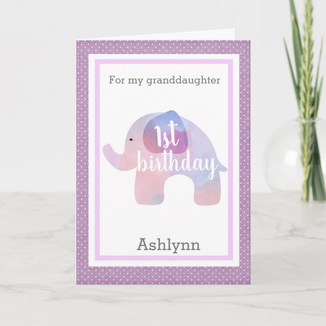 Lila Elephant 1st Birthday Granddotter Kort (Framsida)