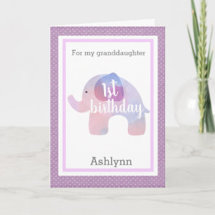 Lila Elephant 1st Birthday Granddotter Kort