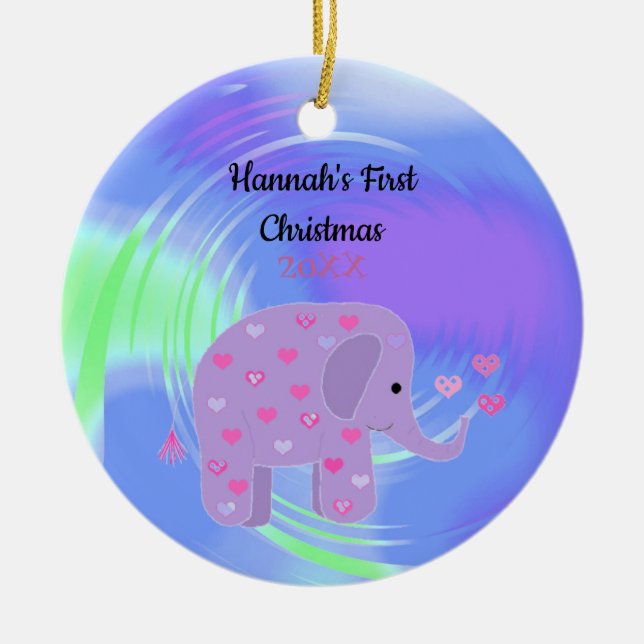 Lila Elephant Baby Första jul Julgransprydnad Keramik (Framsidan)
