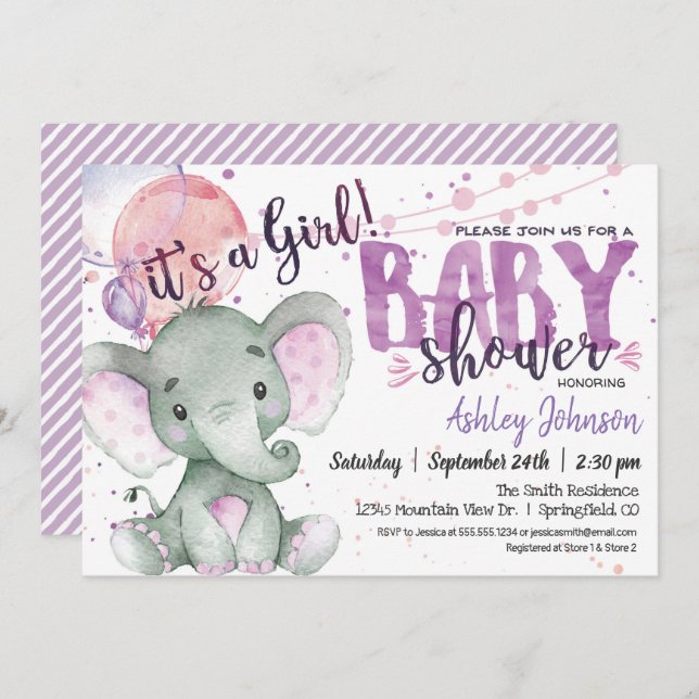 Lila Elephant Baby Shower-inbjudan Inbjudningar (Fram/baksida)