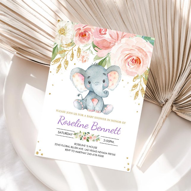 Lila Elephant Blommigt Flower Baby Shower Inbjudningar (Skapare uppladdad)