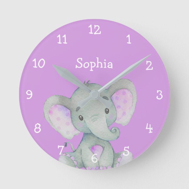 Lila Elephant Cute Flicka Namn Personlig Rund Klocka (Framsida)