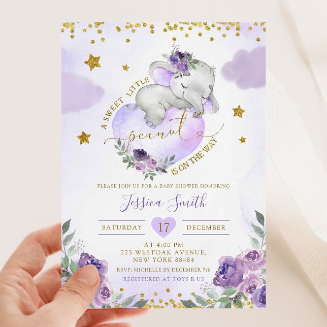Lila Elephant Dreamy Little Peanut Baby Shower Inbjudningar (Skapare uppladdad)