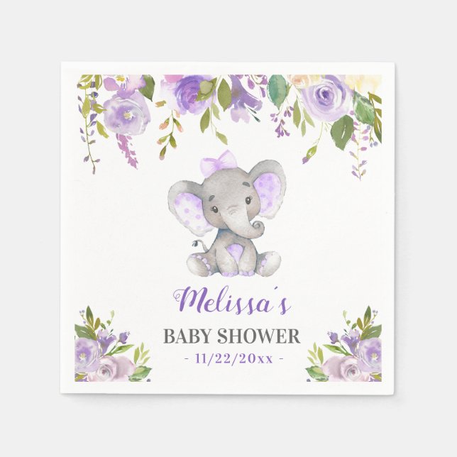 Lila Elephant Flicka Shower Blommigt Sprinkle Pappersservett (Framsidan)