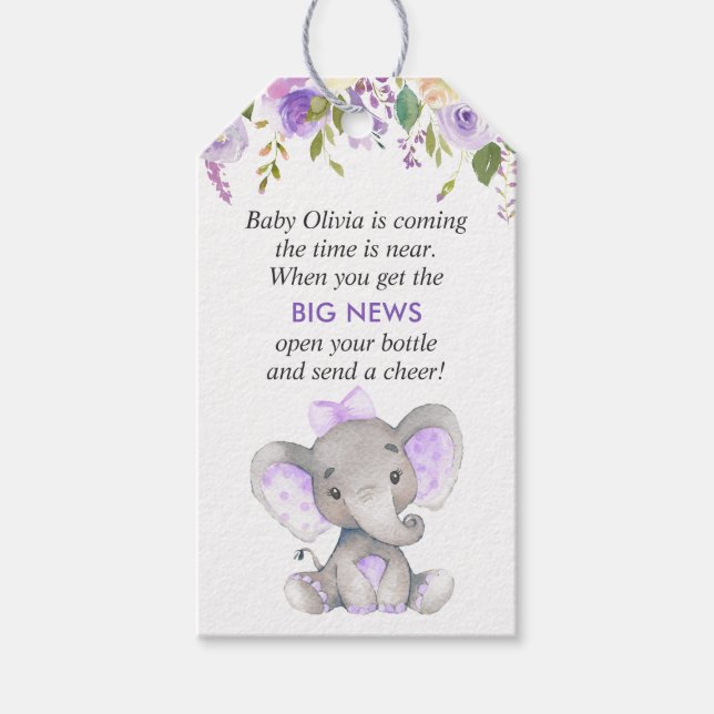 Lila Elephant Flicka Shower Mini Flaska favor Presentetikett (Framsidan)