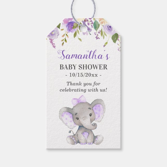 Lila Elephant Flicka Shower Sprinkle Favor Presentetikett (Framsidan)