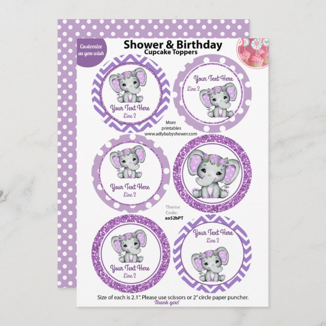 Lila Elephant Girl Cuppie Toppers, Baby Shower Inbjudningar (Fram/baksida)