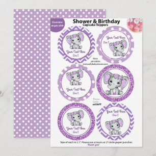 Lila Elephant Girl Cuppie Toppers, Baby Shower Inbjudningar